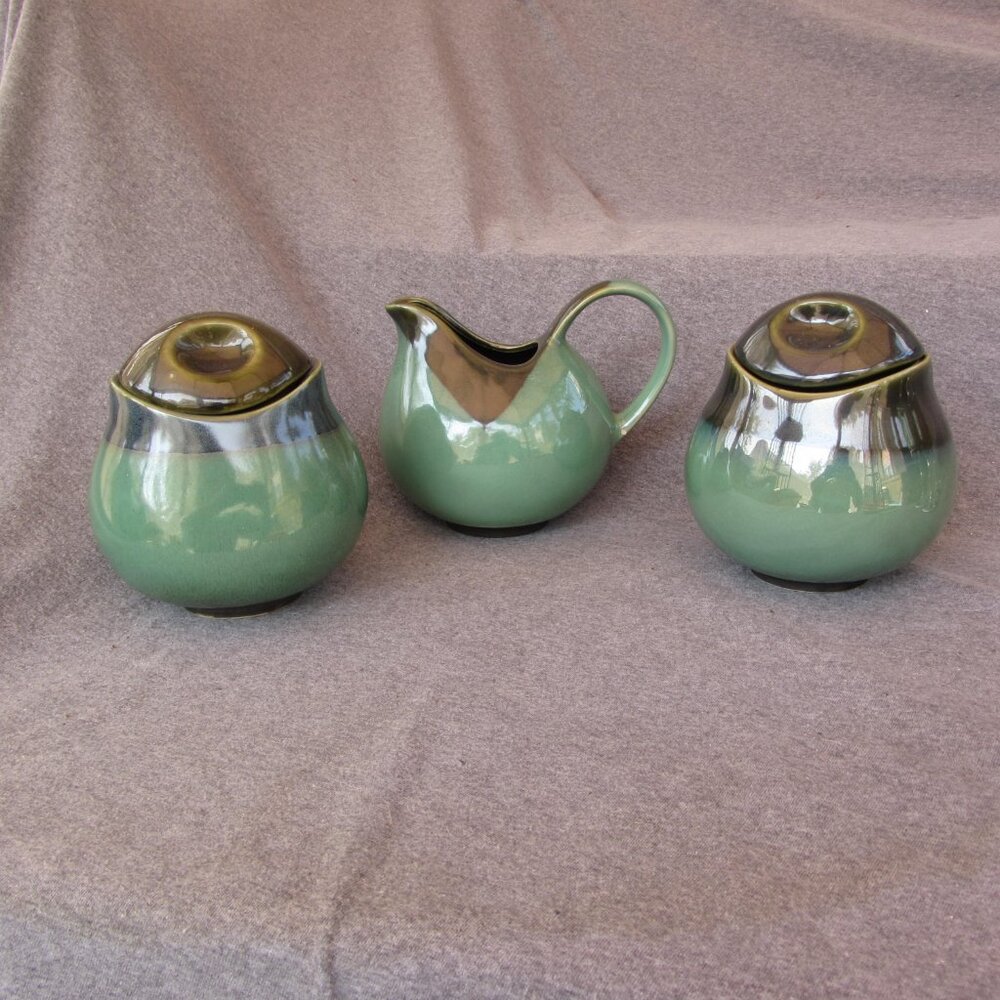14 oz sango nova green sugar bowl or canister 1935 TWO & one creamer (w3187)